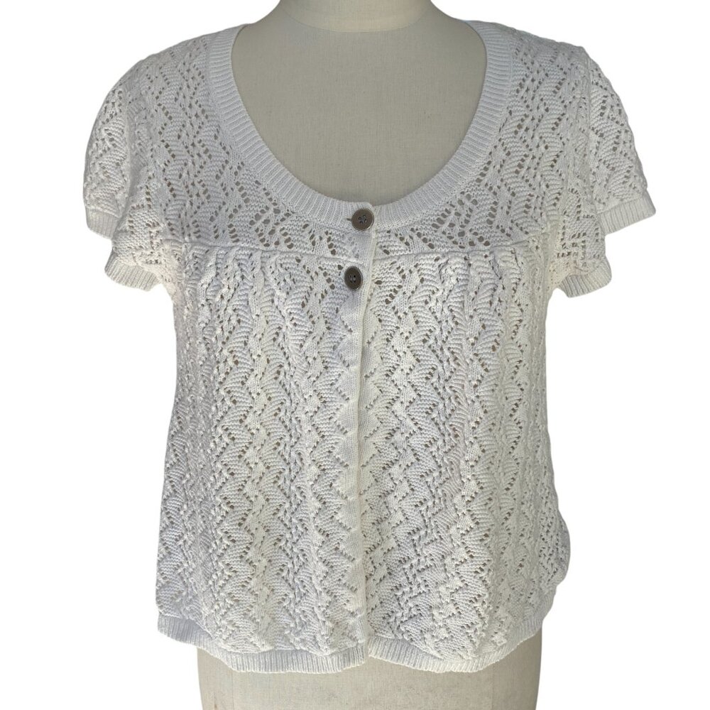 Vintage Crochet Babydoll Top Short Sleeve White Cottage Coastal Euro Summer-L